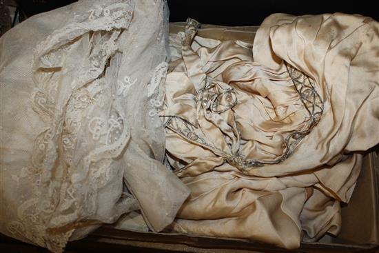 Satin wedding dress, Brussels stole etc